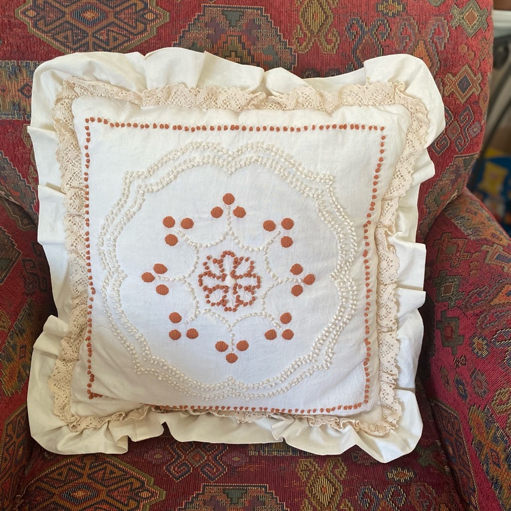 Embroidered Handmade Cotton Throw Pillow with French Knots